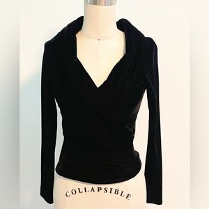 Black velvet faux wrap top, ruched front, shawl collar, long sleeve velvet top